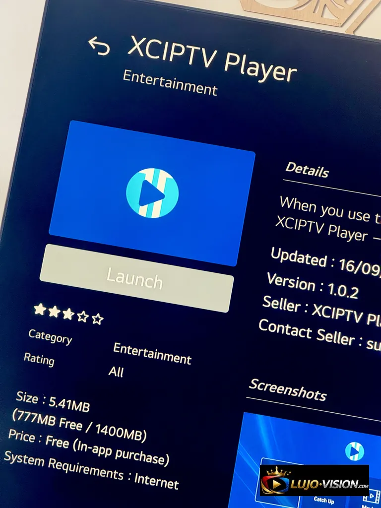 XCIPTV Player App Store Listing Screenshot XCIPTV Player app listing on store showing version 1.0.2, size 5.41MB, and seller details
