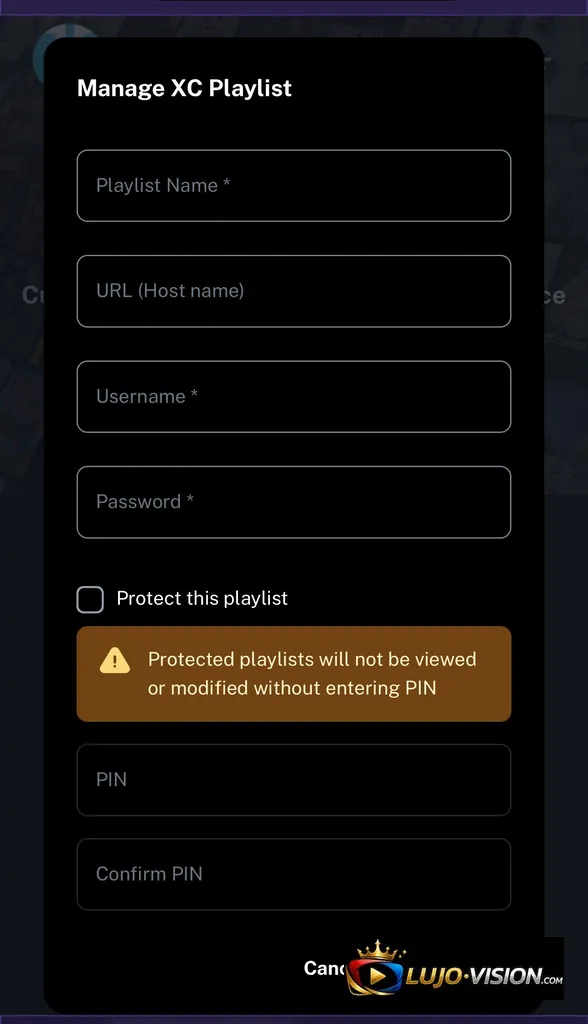 XCIPTV Playlist Management Interface Screenshot XCIPTV Playlist management screen with fields for Playlist Name, URL, Username, Password, and PIN protection options