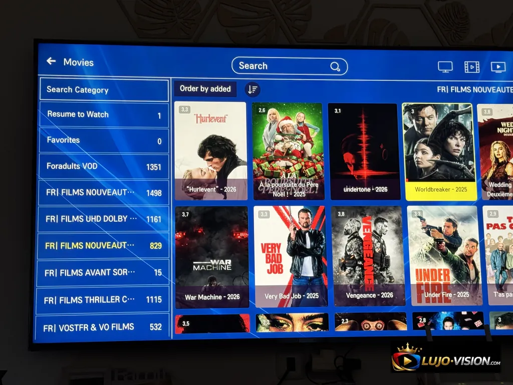 XCIPTV Movies Category Interface Screenshot Movies section in XCIPTV showing categories like Resume to Watch, Favorites, Foradults VOD, and FRI FILMS lists with ratings
