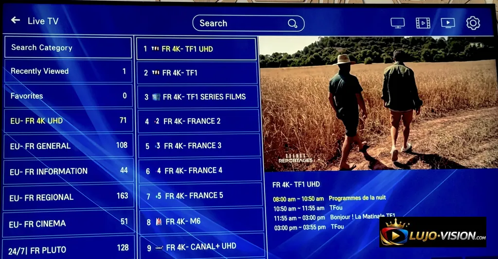 XCIPTV Live TV Channel Interface Screenshot Live TV interface displaying channel categories, 4K UHD channel list, and EPG schedule for TF1 UHD
